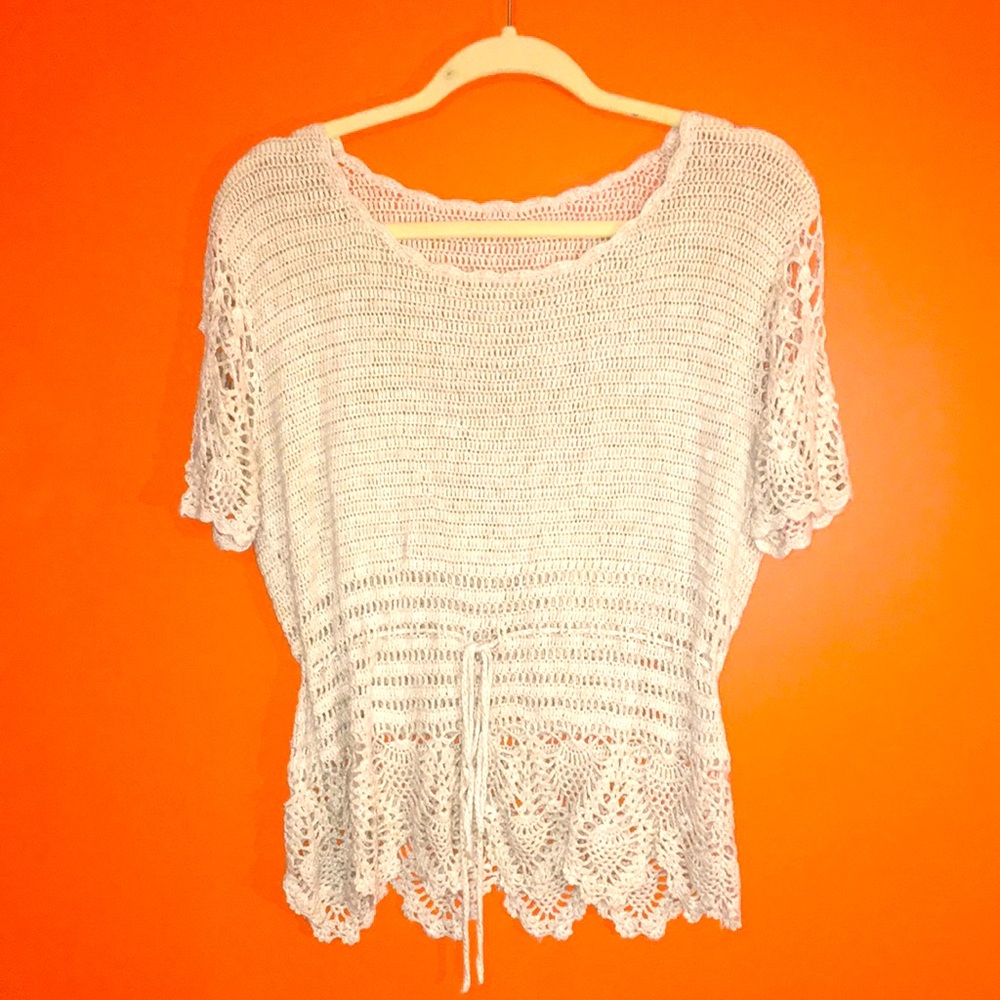 Beige Crochet Knit Short Sleeve Top Resort Cruise  Beach Vacation Small / Medium